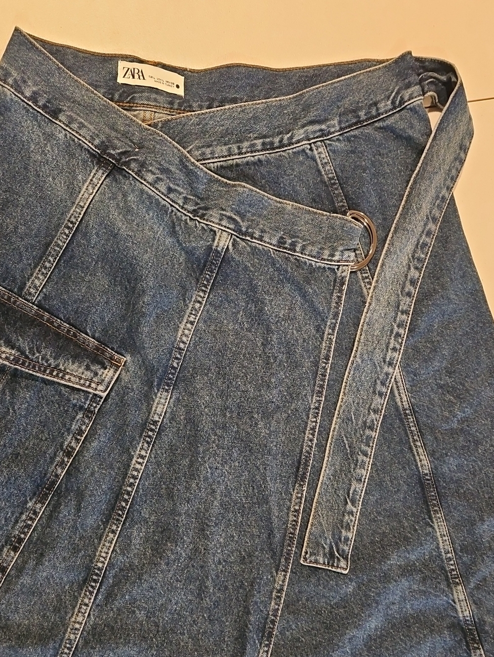 ZARA Indigo Blue Denim Wrap A-Line Jean Skirt with D-Ring Belt 0045